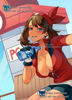 1girl ariekochan bandana bike_shorts bike_shorts_under_shorts blue_eyes blush bottle breasts brown_hair cleavage collarbone gloves holding holding_bottle large_breasts looking_at_viewer may_(pokemon) medium_hair nintendo open_mouth partially_unzipped pokemon pokemon_center pokemon_rse pouring pouring_onto_self red_bandana red_shirt shirt shorts shorts_under_shorts smile solo sweat water water_bottle