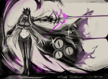 1girl abs absurdres ankle_gun beelstarmon belt black_belt black_coat black_gloves black_pants black_vest blanace boots breasts character_name coat commentary cropped_vest digimon digimon_(creature) dual_wielding eye_mask firing full_body gloves gun high_heel_boots high_heels highres holding holding_gun holding_weapon large_breasts leather leather_pants limited_palette long_hair long_sleeves mask multiple-barrel_gun navel outstretched_arm pants parted_lips purple_eyes sidelocks solo standing stomach third_eye tight_clothes tight_pants underboob vest weapon