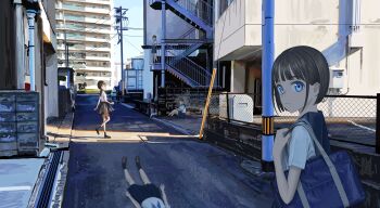 05tai_mono 6+girls absurdres against_railing bag bare_legs black_shoes black_socks blue_eyes blue_neckerchief blue_sailor_collar blue_skirt blue_sky brown_hair building bush chain-link_fence cityscape clone concrete condenser_unit expressionless fence floating_clothes gradient_sky high-waist_skirt highres holding holding_bag kneehighs knees_up loafers looking_at_viewer lying morning multiple_girls neckerchief on_back on_floor original outdoors pleated_skirt power_lines railing real_world_location road sailor_collar scenery school_uniform shadow shirt shoes short_hair short_sleeves shoulder_bag sidelocks sitting skirt sky socks stairs sunlight tareme tottori_prefecture transformer utility_pole walking white_shirt wispy_bangs