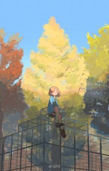 1girl absurdres ariake_(shiroan_koshian) brown_hair closed_eyes commentary_request day highres jacket jungle_gym long_sleeves open_clothes open_jacket original outdoors short_hair shorts sitting sky smile socks solo sunlight tree