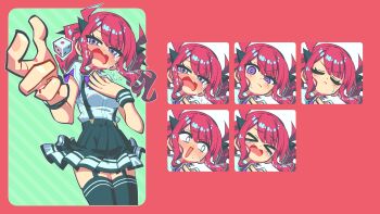 >_< 1girl black_ribbon blush breasts brown_hair closed_eyes commentary_request confused cowboy_shot crying crying_with_eyes_open dedeen deformed dice dress_shirt embarrassed expression_chart garter_straps green_background hair_ribbon hand_on_own_chest has_bad_revision has_cropped_revision highres large_breasts long_hair mole mole_under_eye multiple_expressions natsuki_karin purple_eyes red_background ribbon school_uniform shirt skirt solo summer_uniform suspender_skirt suspenders synthesizer_v tears thighhighs twintails vocaloid zettai_ryouiki