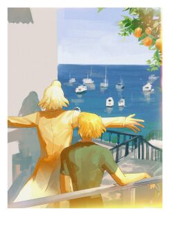 2boys against_railing almifiiiii blonde_hair blue_sky boat border coat day dr._stone facing_away food from_behind fruit green_shirt highres long_sleeves male_focus multiple_boys ocean orange_(fruit) outdoors outstretched_arms railing ship shirt short_hair sky spread_arms stanley_snyder_(dr.stone) water watercraft white_border xeno_(dr.stone) yellow_coat