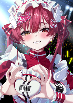 1girl :d absurdres apron breasts commentary_request concert four-finger_heart_hands frilled_apron frills glowstick grin hair_ornament hair_ribbon heart heart_hands heterochromia highres hololive hololive_3rd_generation_live_outfit houshou_marine jacket jersey_maid large_breasts long_hair looking_at_viewer maid maid_headdress official_alternate_costume open_mouth penlight_(glowstick) puripuri red_eyes red_hair red_jacket red_ribbon ribbon short_sleeves smile solo track_jacket twintails unconventional_maid upper_body virtual_youtuber white_apron wing_hair_ornament wrist_cuffs yellow_eyes
