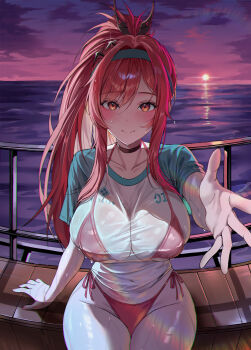 1girl absurdres aqua_hairband bikini bikini_visible_through_clothes breasts cleavage commentary commentary_request covered_navel elker evening goddess_of_victory:_nikke hairband highres large_breasts long_hair looking_at_viewer ocean official_alternate_design official_alternate_hair_color official_alternate_hairstyle rapi_(nikke) rapi_(red_hood)_(nikke) rapi_(red_hood)_(red_flavor)_(nikke) reaching reaching_towards_viewer red_bikini red_eyes red_hair shirt sitting smile solo swimsuit thighs water wet wet_clothes wet_shirt