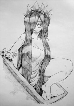 1girl absurdres bags_under_eyes bare_shoulders barefoot black_hair black_nails chronozbergh commentary cosplay dress english_commentary eyeshadow filia_(skullgirls) graphite_(medium) greyscale hair_over_one_eye highres long_hair looking_to_the_side makeup monochrome nail_polish samson_(skullgirls) skullgirls solo the_ring toenail_polish toenails torn_clothes torn_dress traditional_media wet yamamura_sadako yamamura_sadako_(cosplay)