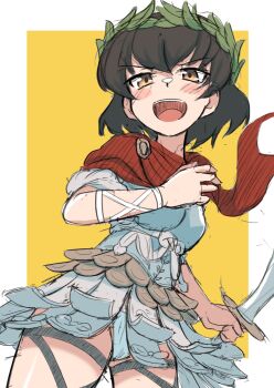 1girl :d armor breastplate breasts brown_hair caesar_(girls_und_panzer) coffeenougat_1985 commentary_request girls_und_panzer highres laurel_crown medium_breasts medium_hair open_mouth panties pantyshot simple_background smile underwear upskirt white_panties yellow_background yellow_eyes