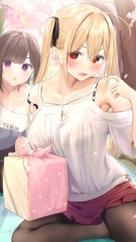 ! 2girls ahoge armpits bento black_pantyhose blonde_hair blonde_hair-chan_(ramchi) blush bra_visible_through_clothes breasts brown_hair childhood_friend-chan_(ramchi) collarbone furoshiki hand_up highres large_breasts long_hair multiple_girls original pantyhose purple_eyes ramchi red_eyes shirt short_hair sidelocks sitting strap_slip swept_bangs twintails white_shirt yokozuwari