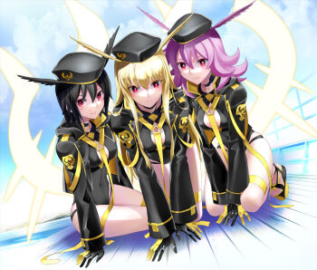 3girls belt beret black_gloves black_hair black_hat black_jacket black_one-piece_swimsuit blonde_hair breasts choker cleavage cleavage_cutout clothing_cutout energy_wings fate/grand_order fate_(series) gloves hat head_wings highleg highleg_one-piece_swimsuit highres hildr_(fate) hildr_(swimsuit_assassin)_(fate) holster hood hooded_jacket jacket large_breasts long_hair long_sleeves looking_at_viewer multiple_girls one-piece_swimsuit open_clothes open_jacket ortlinde_(fate) ortlinde_(swimsuit_assassin)_(fate) pink_hair red_eyes shirotsumekusa short_hair sidelocks swimsuit thighs thrud_(fate) thrud_(swimsuit_assassin)_(fate) valkyrie_(fate) wings