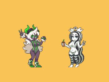 2girls animated animated_gif ass ass_shake baseball_cap black_eyes black_hair black_headwear black_legwear bodypaint borrowed_character bouncing_ass bouncing_breasts breasts can colored_skin commentary crown cup dancing dark-skinned_female dark_skin disposable_coffee_cup disposable_cup drink_can english_commentary fang female_pubic_hair green_eyes green_horns hat horns horns_through_headwear large_breasts long_hair monster_energy monster_energy-chan multicolored_hair multiple_girls noscium nude painted_clothes pixel_art product_girl pubic_hair red_bull shoes sneakers soda_can starbucks starbucks_siren stb-chan striped_clothes striped_legwear striped_thighhighs thighhighs two-tone_hair very_long_hair white_footwear white_hair white_legwear white_skin yellow_background