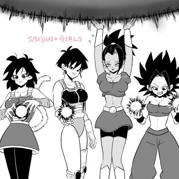 4girls antenna_hair belt blush boots breasts caulifla cleavage clenched_teeth closed_eyes collarbone dark_skin dragon_ball dragon_ball_minus dragon_ball_super dragon_ball_super_broly dragonball_z earrings energy_ball english_text gine greyscale high_ponytail highres ireba_sui jewelry kale_(dragon_ball) leggings looking_at_viewer looking_down monochrome multiple_girls nervous pants ponytail saiyan saiyan_armor seripa shirt short_hair simple_background skirt sleeveless sleeveless_shirt smile spiked_hair teeth white_background