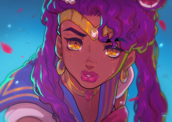 Rule 34 | 1girl, alternate skin color, bishoujo senshi sailor moon, blue sailor collar, bow, choker, cinnabarbie, circlet, dark-skinned female, dark skin, derivative work, earrings, falling petals, gold choker, hair bun, hair ornament, heart, heart choker, jewelry, meme, petals, purple hair, red bow, red lips, sailor collar, sailor moon, sailor moon redraw challenge (meme), signature, solo, sweat, twintails, upper body, yellow eyes