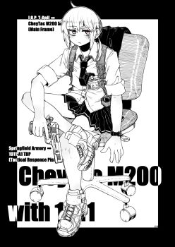 1girl absurdres chair closed_mouth collared_shirt commentary_request dress_shirt english_text full_body girls&#039;_frontline greyscale gun handgun highres holding holding_gun holding_weapon id_card looking_at_viewer m1911 m200_(girls&#039;_frontline) monochrome office_chair on_chair pleated_skirt purple_eyes shirt shoes simple_background sitting skirt sneakers solo spot_color swivel_chair taida weapon