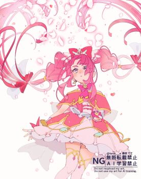 1girl aoi_tete back_bow bag_bow bare_shoulders blunt_bangs bow bowtie braid braided_twintails brooch capelet commentary_request cowboy_shot cure_mystique dot_nose dress expressionless fingerless_gloves floating_hair frilled_dress frills gloves gradient_hair hair_bow hair_floating_upwards hair_ornament halter_dress halterneck heart heart-shaped_hair heart_brooch heart_hair_ornament highres jewelry knees kobayashi_mikuru large_bow layered_dress light_blush long_eyelashes long_hair looking_ahead magical_girl meitantei_precure! multicolored_hair off-shoulder_capelet off_shoulder parted_bangs parted_lips petals pink_bow pink_bowtie pink_hair precure purple_eyes red_bow red_capelet red_dress red_hair short_dress sidelocks simple_background solo standing thighhighs twintails very_long_hair waist_bag watermark white_background white_bag white_bow white_dress white_gloves white_thighhighs winged_heart wrist_bow