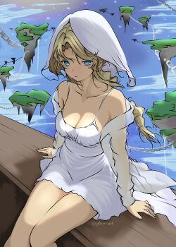 absurdres bad_link blonde_hair blue_eyes boat braid breasts cassie_(shadow_slave) chain cleavage curtained_hair dress floating_island glacies1 highres hood in-universe_location knees_together_feet_apart looking_at_viewer red_lips see-through_clothes shadow_slave sitting spaghetti_strap watercraft white_dress