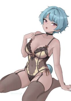 1girl adjusting_bra adjusting_clothes arm_support artist_name black_choker black_panties blue_hair blue_nails borrowed_character borrowed_design bow bra breasts choker cleavage collarbone commentary corset covered_navel english_commentary eyelashes full_body garter_straps gen_1_pokemon groin highres kneeling looking_at_viewer medium_breasts mourderousx nintendo orange_bow orange_ribbon panties personification poke_ball_print pokemon purple_eyes ribbon see-through_clothes see-through_legwear short_hair side-tie_panties simple_background skindentation solo squirtle tail thighhighs underwear white_background