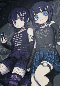 2girls arm_strap bare_shoulders belt black_shirt blue_eyes blue_skirt blunt_bangs blush bone_hair_ornament boots buckle chain_choker choker closed_mouth clothes_writing collar commentary_request cross cross_print dark_background detached_sleeves fishnet_sleeves fishnet_thighhighs fishnets glitch_effect goth_fashion hair_ornament hand_on_another's_shoulder highres holding holding_phone ketopon knee_boots long_sleeves looking_at_viewer multiple_girls o-ring original phone plaid_clothes plaid_skirt punk purple_boots purple_eyes purple_hair purple_skirt scan_lines shigaki_sumire_(ketopon) shirt short_hair sitting skirt skull_hair_ornament sleeveless spiked_collar spikes striped_clothes striped_thighhighs studded_belt thigh_strap thighhighs upper_body wristband