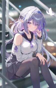 1girl alternate_costume bare_shoulders black_pantyhose black_skirt blush bow breasts castorice_(honkai:_star_rail) closed_mouth clothing_cutout collarbone commentary feet_out_of_frame fingernails hair_bow hairband hand_up heart highres honkai:_star_rail honkai_(series) large_breasts long_hair long_pointy_ears looking_at_viewer nail_polish neckerchief night_known paid_reward_available pantyhose pleated_skirt pointy_ears purple_bow purple_eyes purple_hair purple_hairband purple_nails purple_neckerchief purple_sailor_collar sailor_collar school_uniform serafuku shirt shoulder_cutout sidelocks sitting sitting_on_stairs skirt smile solo stairs thighband_pantyhose very_long_hair white_shirt