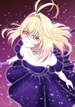 Rule 34 | 1girl, absurdres, antenna hair, bare shoulders, black dress, blonde hair, choker, closed mouth, commentary, cure arcana shadow, dress, gradient background, hair intakes, henshin, highres, holding, holding staff, light particles, medium hair, meitantei precure!, moria luluka, precure, purple background, purple choker, purple dress, purple eyes, smile, solo, staff, standing, strapless, strapless dress, yadoo