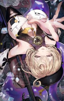 1girl bare_shoulders black_hat black_thighhighs blonde_hair blush breasts button_gap cleavage detached_sleeves half-closed_eyes hat highres ice ice_shard large_breasts looking_at_viewer mole mole_under_mouth monster_girl murasaki_yuna open_mouth outstretched_arm polearm purple_eyes reaching reaching_towards_viewer scylla shirt short_hair single_thighhigh smile solo suction_cups tentacle_girl tentacle_tail tentacles thighhighs torn_clothes torn_thighhighs upside-down weapon white_shirt white_sleeves yidhari_murphy zenless_zone_zero