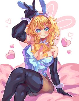 1girl :3 absurdres alternate_costume animal_ear_hairband animal_ears arm_up bare_shoulders black_gloves black_thighhighs blonde_hair blue_leotard blush bow bowtie breasts breasts_apart bridget_(guilty_gear) brown_pantyhose closed_mouth collar commentary crossed_legs detached_collar elbow_gloves english_commentary fake_animal_ears feet_out_of_frame flower_hairband genderswap genderswap_(mtf) gloves green_eyes guilty_gear guilty_gear_strive hair_between_eyes hairband heart highres large_breasts leotard long_hair looking_at_viewer pantyhose playboy_bunny rabbit_ear_hairband rabbit_ears redrawn sitting smile solo strapless strapless_leotard supacreamss thighhighs thighhighs_over_pantyhose twitter_username w white_background white_collar white_wrist_cuffs wrist_cuffs yellow_bow yellow_bowtie