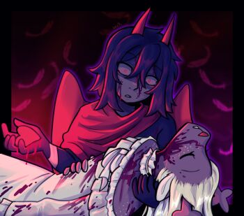 Rule 34 | 1girl, 1other, alien stage, alternate costume, alternate universe, antlers, black bodysuit, blonde hair, blood, blood on clothes, blood on face, bodysuit, borrowed design, cape, choker, closed eyes, colored skin, commentary, deer antlers, deer girl, deltarune, demon horns, dress, english commentary, feathers, frilled choker, frilled dress, frills, grey skin, heart, highres, holding, holding heart, horns, kris (deltarune), lenix tt, long hair, medium hair, noelle holiday, red cape, red horns, red pupils, side cape, soul (deltarune), utdr (toby fox), white choker, white dress, wide-eyed