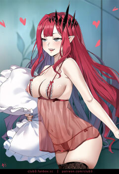 1girl bare_shoulders black_panties blush breasts club3 baobhan_sith_(fate) fate/grand_order fate_(series) grey_eyes highres large_breasts long_hair nipples open_mouth panties pink_hair pointy_ears sidelocks smile solo thighs tiara underwear