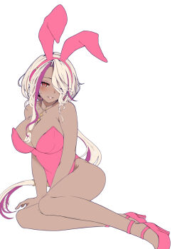 1girl animal_ears bare_shoulders breasts cleavage dark-skinned_female dark_skin fake_animal_ears hair_over_one_eye high_heels indie_virtual_youtuber jewelry large_breasts leotard looking_at_viewer multicolored_hair necklace parted_lips pink_leotard playboy_bunny purple_hair rabbit_ears red_eyes senya_ichiya sitting solo stgs_ssza strapless strapless_leotard streaked_hair white_background white_hair