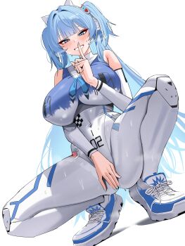 Rule 34 | 1girl, absurdres, animal ear headphones, animal ears, ass, blue eyes, blue hair, blue nails, blunt bangs, blush, bodypaint, bodysuit, breasts, cat ear headphones, cat ears, covering crotch, covering privates, detached sleeves, dutch angle, fake animal ears, finger to mouth, from below, full body, goddess of victory: nikke, hair intakes, headphones, highres, large breasts, long hair, mekami shifty (nikke), number print, painted clothes, plentyofempty, shoes, shushing, sidelocks, smile, solo, squatting, sweat, thighs, two side up, water slide, white background