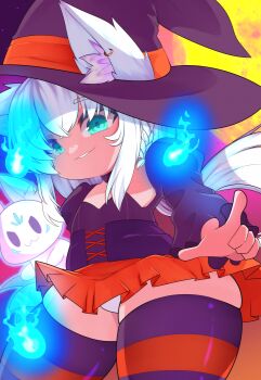 absurdres animal_ear_fluff animal_ear_piercing animal_ears aqua_eyes braid final_fantasy final_fantasy_xiv flat_chest fox_ears fox_girl full_moon halloween halloween_costume hat highres hitodama hololive lalafell looking_at_viewer looking_down moon purple_sky shion_(shion_aster) shirakami_fubuki shortstack side_braid single_braid sky striped_clothes striped_thighhighs sukonbu_(shirakami_fubuki) thick_thighs thighhighs thighs virtual_youtuber warrior_of_light_(ff14) white_hair witch witch_hat