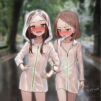 2girls absurdres averting_eyes blush braid breasts brown_eyes brown_hair contrapposto cowboy_shot exhibitionism female_focus forehead groin hands_on_own_hips highres hood houjou_(takagi-san) jitome karakai_jouzu_no_takagi-san lander0808 legs_apart locked_arms loli long_hair looking_at_another looking_at_viewer multiple_girls naked_raincoat nipples open_mouth outdoors public_indecency public_nudity raincoat see-through_clothes see-through_raincoat short_hair small_breasts standing takagi-san thighs zipper