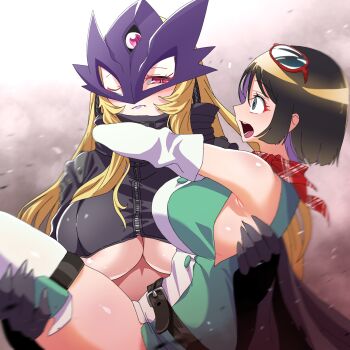 2girls absurdres arm_around_neck armpit_crease bare_shoulders beelstarmon belt black_belt black_coat black_gloves black_hair black_vest blonde_hair blue_mask breasts carrying closed_mouth coat commentary_request commission cropped_vest digimon digimon_(creature) digimon_story:_time_stranger dress elbow_gloves eye_mask gerusyu gloves goggles goggles_on_head green_dress highres large_breasts long_hair looking_at_another mask microdress multiple_girls one_eye_closed open_mouth pixiv_commission princess_carry red_eyes red_scarf scarf short_hair sidelocks skindentation sleeveless standing thighhighs third_eye two-tone_dress underboob upper_body vest white_dress white_gloves white_thighhighs yuuki_kanan zettai_ryouiki zipper