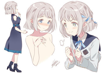 +_+ 1girl asoka black_jacket blue_dress blue_eyes blue_ribbon blush boots braid collared_shirt commentary_request cropped_torso dated dress gakuen_idolmaster grey_hair hair_ribbon hakusen_(idolmaster) half_up_braid hatsuboshi_gakuen_school_uniform idolmaster jacket katsuragi_lilja multiple_views neck_ribbon no_nipples nose_blush puff_of_air ribbon ribbon_braid school_uniform shirt short_hair signature simple_background white_background white_shirt