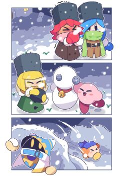 >_< 3girls alternate_costume bandana bandana_waddle_dee bell blonde_hair blue_bandana blue_gloves blue_hair blush_stickers building_snowman closed_eyes cold commentary english_commentary flamberge_(kirby) francisca_(kirby) fur_hat gloves hat kirby kirby_(series) magolor multiple_girls neck_bell nintendo rayman_limbs red_gloves red_hair skewedcanvas snow snowball snowball_fight trembling yellow_gloves zan_partizanne
