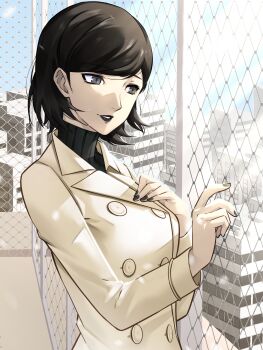 Rule 34 | 1girl, absurdres, black eyes, black hair, black lips, black nails, blue sky, building, buttons, chain-link fence, coat, commission, fence, hand on own chest, highres, peacoat, shin megami tensei, shin megami tensei iii: nocturne, short hair, sky, smile, solo, sunlight, sweater, takao yuko, turtleneck, turtleneck sweater, upper body, wanderstillart, white coat