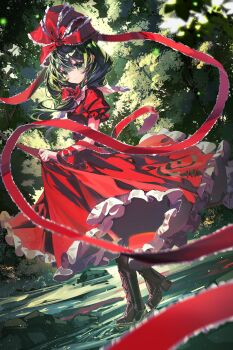 1girl bad_source boots brown_boots dress front_ponytail green_eyes green_hair hair_ribbon highres holding_own_dress kagiyama_hina long_dress looking_at_viewer outdoors red_dress red_ribbon ribbon ringo_no_usagi ripples second-party_source smile solo touhou water