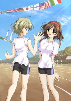 absurdres belgian_flag botswanan_flag brown_hair canadian_flag finland german_flag green_hair gym_uniform highres imasaka_yue indonesian_flag ireland italian_flag japanese_flag memories_off memories_off_1 non-web_source official_art open_mouth otowa_kaoru running_track short_hair union_jack united_states yemeni_flag