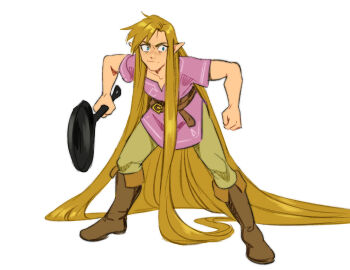 1boy absurdly_long_hair alternate_hair_length alternate_hairstyle blonde_hair boots brown_boots brown_pants champion's_tunic_(zelda) frying_pan full_body highres leaning_forward link long_hair nintendo pants pink_tunic pointy_ears ripushko solo standing tangled the_legend_of_zelda tunic very_long_hair