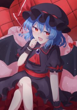 1girl absurdres alternate_color ascot bat_wings black_hat black_shirt black_skirt brooch chair commentary_request crossed_legs fang frilled_shirt_collar frilled_skirt frills h_akari_0314 hand_on_own_chin hat hat_ribbon highres jewelry mob_cap on_chair puffy_short_sleeves puffy_sleeves red_ascot red_eyes red_ribbon remilia_scarlet remilia_scarlet_(tiny_devil_mistress) ribbon shirt short_sleeves sitting skirt smug touhou touhou_lostword vampire wings wrist_cuffs