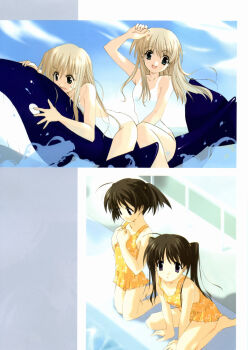 00s 4girls between_thighs blonde_hair brown_hair casual_one-piece_swimsuit flat_chest frilled_swimsuit frills futakoi green_eyes highres hinagiku_lala hinagiku_lulu inflatable_toy inflatable_whale long_hair multiple_girls multiple_riders one-piece_swimsuit pool poolside purple_eyes riding sasaki_mutsumi shirogane_sara shirogane_souju short_hair siblings sisters sitting split_screen spread_legs sweatdrop swimsuit thighs twins twintails wariza