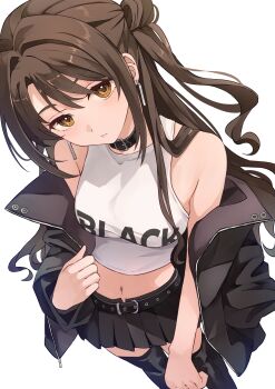 1girl absurdres b1ack_illust black_shoes black_skirt blush breasts closed_mouth commentary_request hair_between_eyes highres idolmaster idolmaster_cinderella_girls long_hair looking_at_viewer shimamura_uzuki shirt shoes simple_background skirt white_background white_shirt