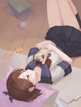 1girl black_sailor_collar black_skirt black_socks brown_eyes brown_hair brown_neckerchief dog highres kantai_collection lying neckerchief pleated_skirt ponytail pug sailor_collar school_uniform serafuku shikinami_(kancolle) shikinami_kai_ni_(kancolle) short_hair skirt socks solo yuu+