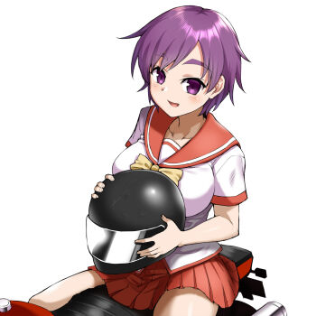 1girl bow bowtie breasts collarbone commentary_request helmet highres holding holding_unworn_helmet iroyoridori kasu_kazu large_breasts looking_at_viewer motor_vehicle motorcycle motorcycle_helmet nijihara_mizuki on_motorcycle open_mouth pleated_skirt purple_eyes purple_hair red_sailor_collar red_skirt sailor_collar school_uniform serafuku shirt short_hair simple_background sitting skirt smile solo unworn_headwear unworn_helmet white_background white_shirt yellow_bow yellow_bowtie