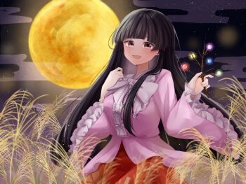 1girl black_hair blunt_bangs blush bow bowtie branch breasts caramel_umashi center_frills commentary frilled_sleeves frills full_moon highres hime_cut holding holding_branch houraisan_kaguya huge_moon jeweled_branch_of_hourai long_hair long_sleeves looking_at_viewer medium_breasts moon night night_sky outdoors pink_shirt red_skirt reeds shirt skirt sky smile solo star_(sky) straight_hair touhou very_long_hair white_bow white_bowtie wide_sleeves