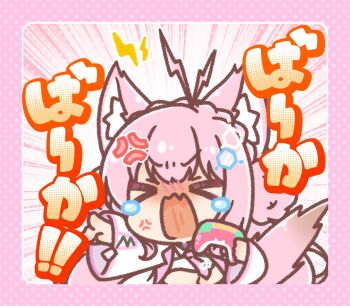 Rule 34 | > <, 1girl, anger vein, animal ear fluff, animal ears, antenna hair, blush, chibi, closed eyes, commentary request, controller, emphasis lines, game controller, hakui koyori, hakui koyori (1st costume), highres, holding, hololive, jacket, lightning bolt symbol, long sleeves, mitarashi neko, necktie, nose blush, open clothes, open jacket, open mouth, outstretched arm, pink hair, pink necktie, pointing, shirt, solo, stiff tail, tail, tears, translation request, virtual youtuber, wavy mouth, white jacket, white shirt