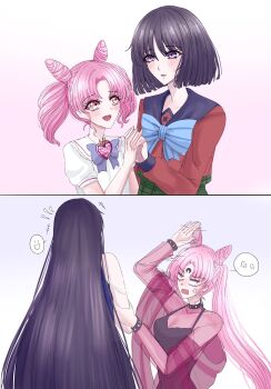2girls aged_up angry before_and_after bishoujo_senshi_sailor_moon black_hair black_lady_(sailor_moon) blunt_bangs bow bowtie chibi_usa collarbone commentary cone_hair_bun corruption dual_persona hair_bun highres holding_hands long_hair mistress_9 multiple_girls parted_bangs pink_hair purple_eyes purple_vest red_eyes red_shirt school_uniform serafuku shirt short_hair tomoe_hotaru twintails very_long_hair vest wbr_komet white_shirt