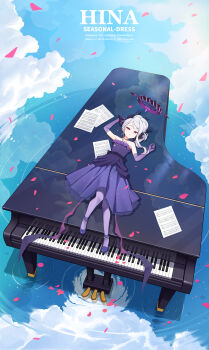 Rule 34 | 1girl, absurdres, black halo, blue archive, blue sky, breasts, demon girl, demon horns, demon wings, dress, elbow gloves, full body, gloves, grand piano, halo, highres, hina (blue archive), hina (dress) (blue archive), horns, instrument, long hair, looking at viewer, low wings, lying, paintlabor, piano, purple dress, purple eyes, purple gloves, sky, small breasts, solo, white hair, wings