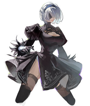 Rule 34 | 1girl, 2b (nier:automata), artist name, black dress, black gloves, black hairband, black thighhighs, blindfold, bob cut, boots, breasts, cleavage, cleavage cutout, closed mouth, clothing cutout, covered eyes, dress, feather-trimmed sleeves, feather trim, gloves, hairband, highres, juliet sleeves, leotard, long sleeves, medium breasts, mole, mole under mouth, nier:automata, nier (series), puffy sleeves, short hair, side slit, simple background, solo, thigh boots, thighhighs, thighhighs under boots, ubwmitekure, white background, white hair