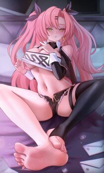 1girl absurdres barefoot black_thighhighs blush breasts coin feet green_eyes highres letter long_hair looking_at_viewer micro_shorts mole mole_under_eye nicole_demara pink_hair puppnett shorts single_thighhigh soles stirrup_legwear thighhighs toeless_legwear toes twintails underboob zenless_zone_zero