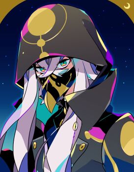 1boy asclepius_(fate) asclepius_(first_ascension)_(fate) black_coat blue_eyes coat commentary_request crossed_bangs eyelashes fate/grand_order fate_(series) grey_hair highres hood hood_up long_hair looking_at_viewer male_focus mizuki_tsukimori sidelocks solo star_(sky) upper_body