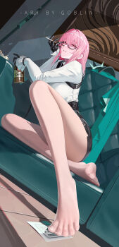 1girl absurdres black_gloves black_skirt cigarette dress_shirt earrings expressionless feet full_body glasses gloves hair_between_eyes high-waist_skirt highres holding holding_cigarette indoors jewelry long_hair mr_goblin pantyhose parted_lips pencil_skirt pink_eyes pink_hair shirt sidelocks sitting skirt solo toenails toes tsukishiro_yanagi white_shirt zenless_zone_zero